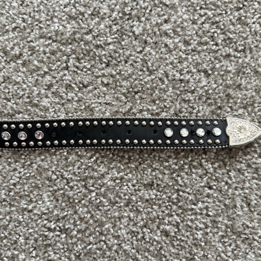 Nocona Leather Belt 26 Black Studded Rhinestone Sliver Bling Cowgirl Y2K Boho‎ - Picture 9 of 14